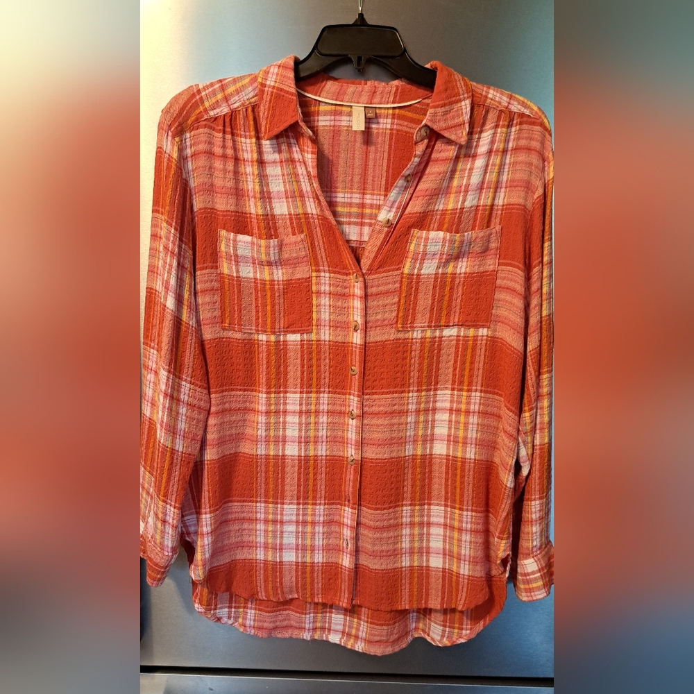 Pilcro The Hadley Relaxed Plaid Button Front Top Shirt Blouse Fall Viscose Bld M - Picture 3 of 9